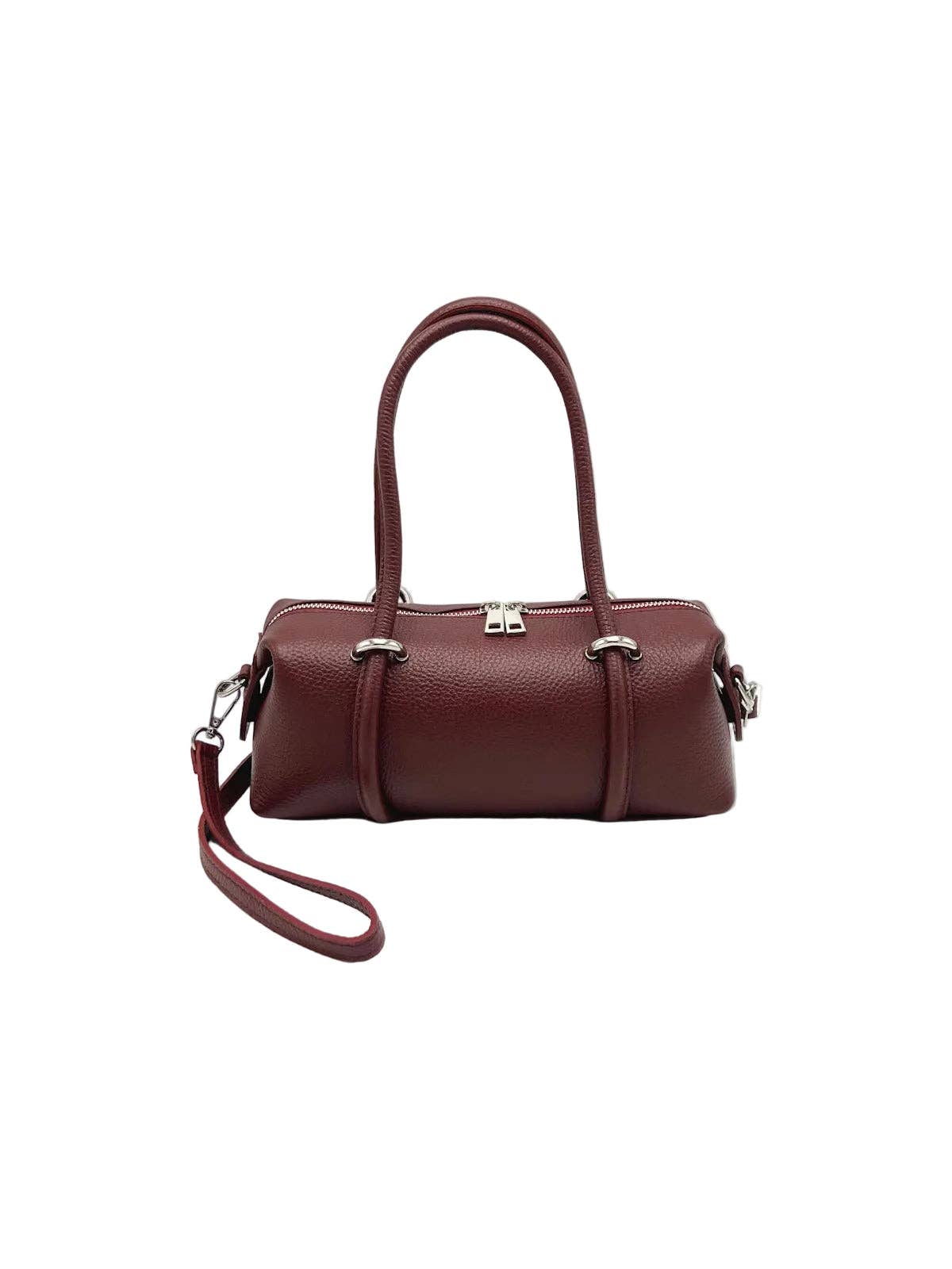 Small Genuine Italian Leather Boston Barrel Bag with Detachable Shoulder Strap