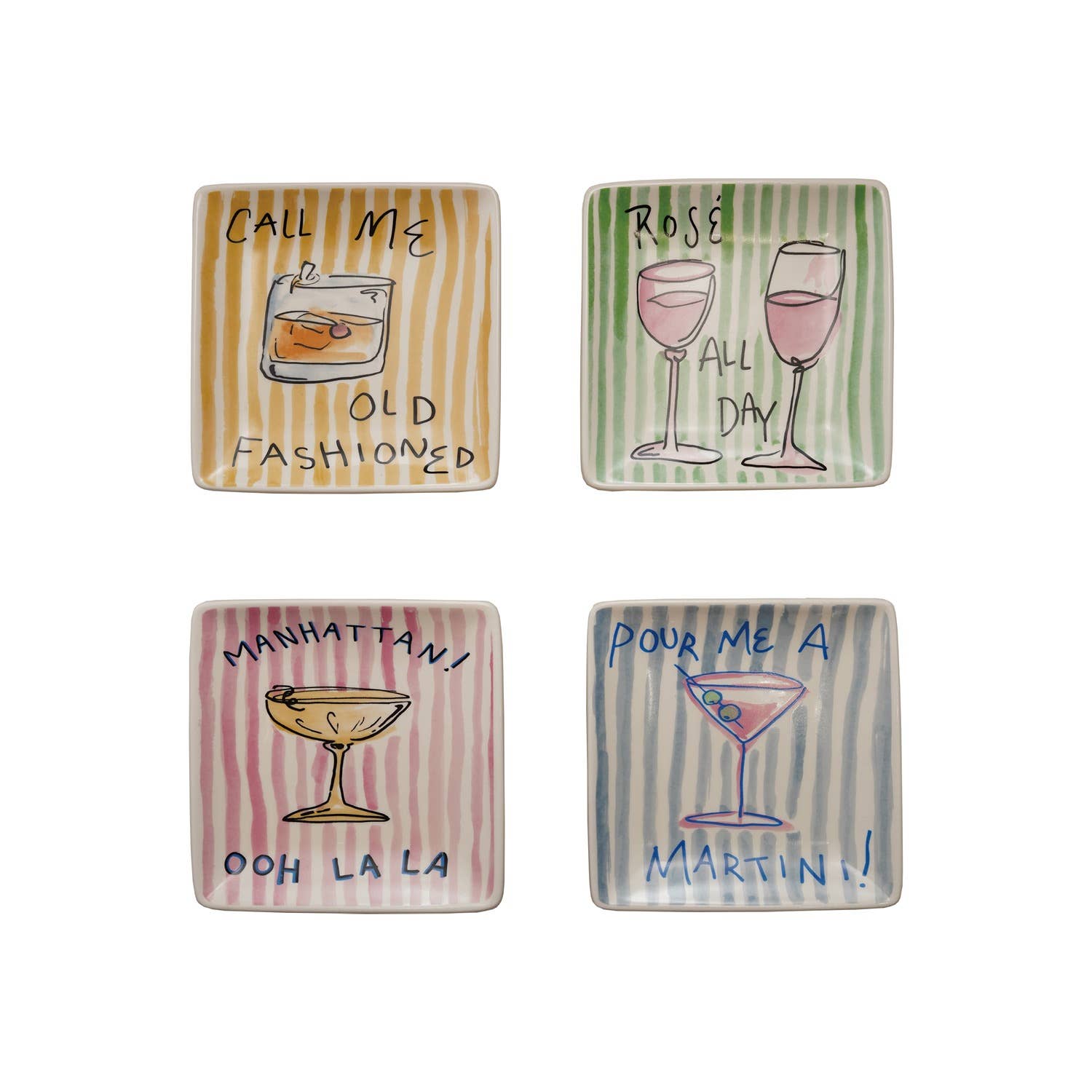 Retro Striped Colorful Square Plate Jewelry Dish Funny Martini Cocktail Rose Sayings