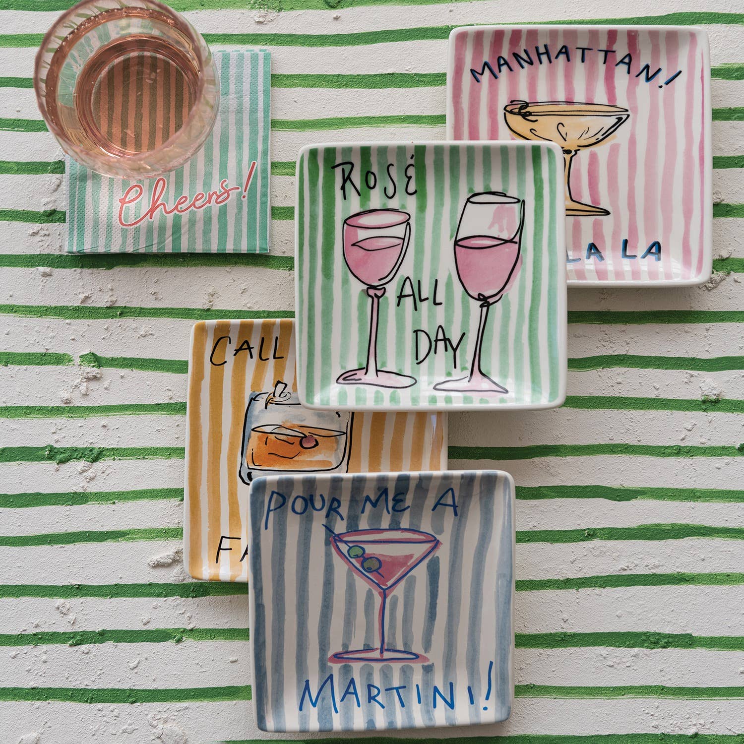 Retro Striped Colorful Square Plate Jewelry Dish Funny Martini Cocktail Rose Sayings
