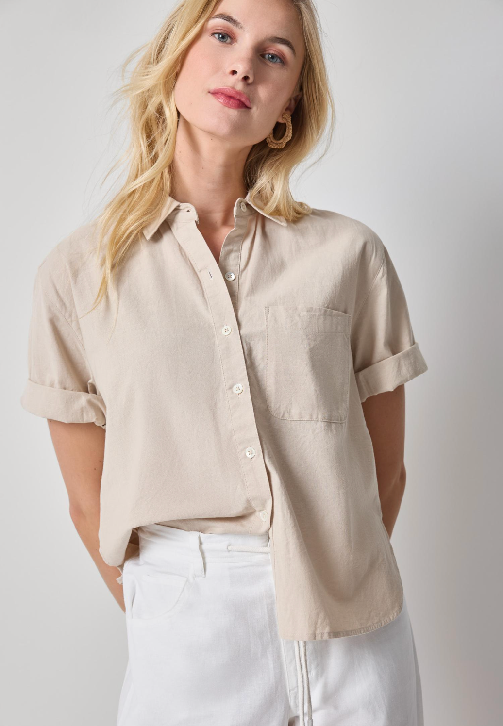 Linen Short Sleeve Boyfriend Button Down Shirt