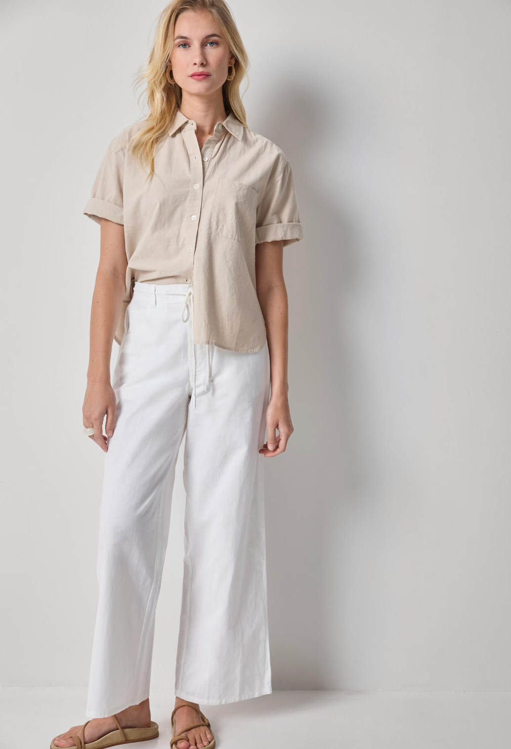Linen Short Sleeve Boyfriend Button Down Shirt