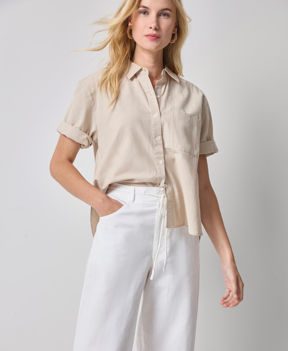Linen Short Sleeve Boyfriend Button Down Shirt
