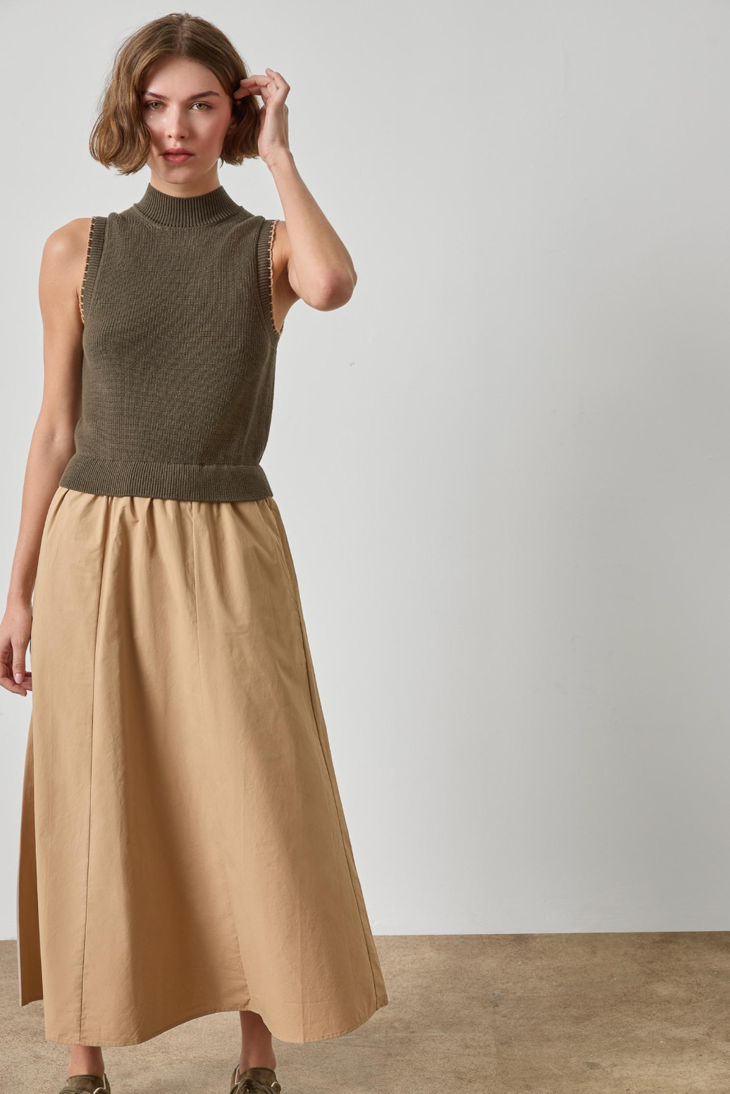 Mixed Media Mock Neck Sleeveless Midi Dress