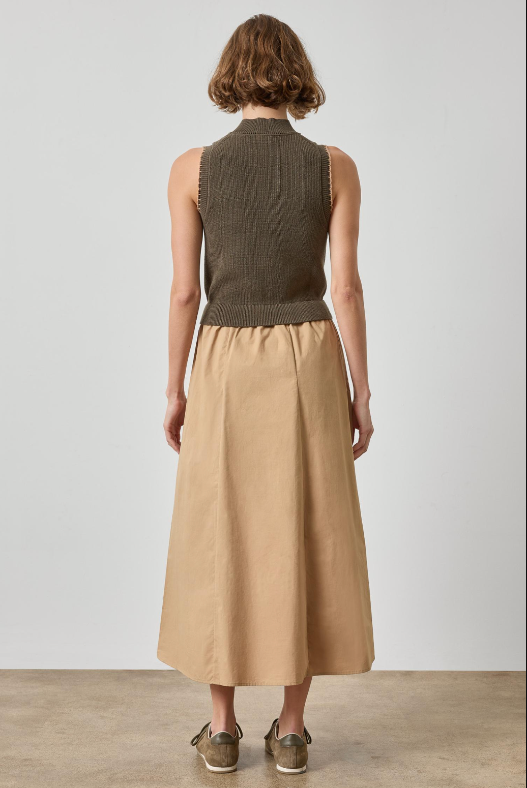 Mixed Media Mock Neck Sleeveless Midi Dress