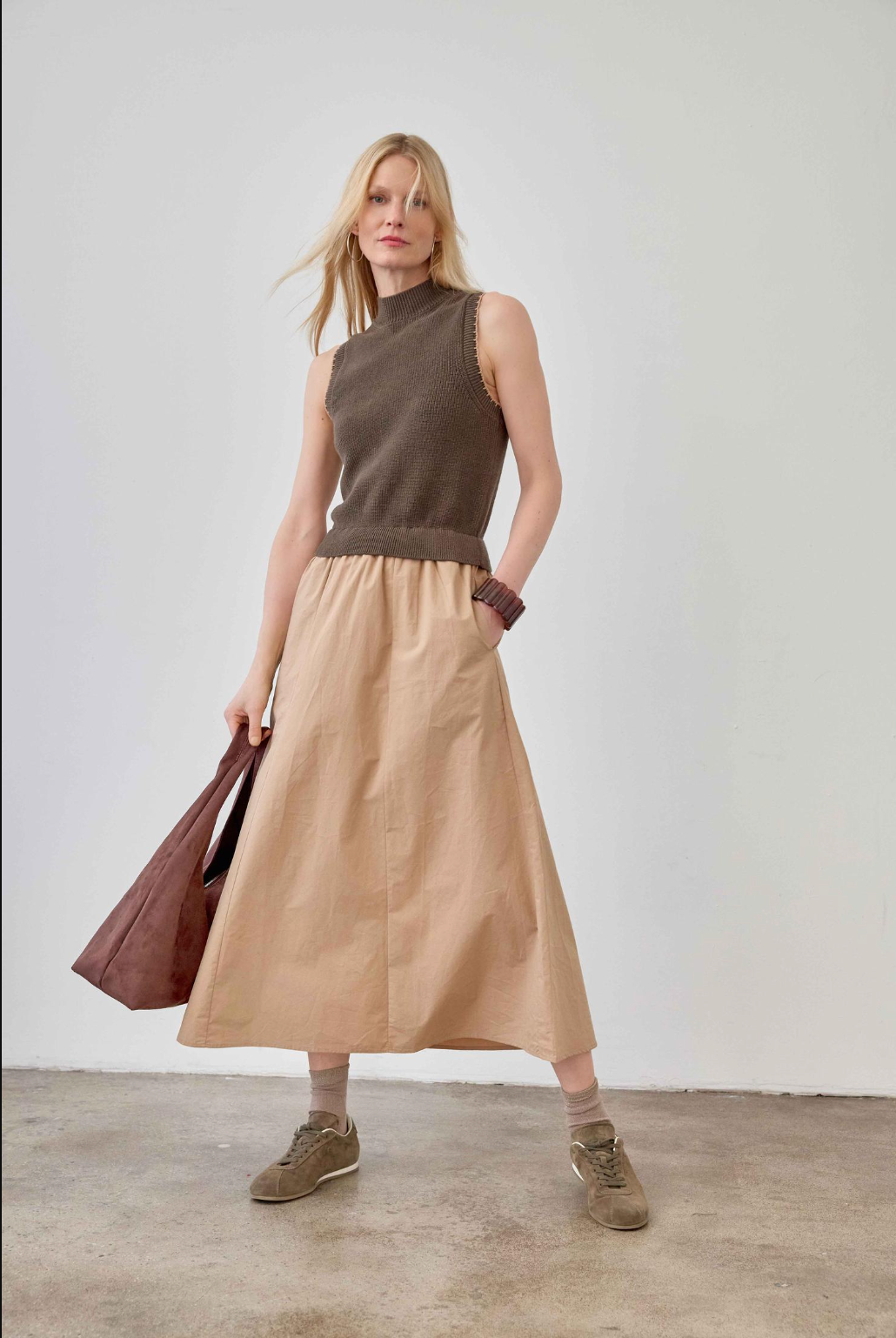 Mixed Media Mock Neck Sleeveless Midi Dress
