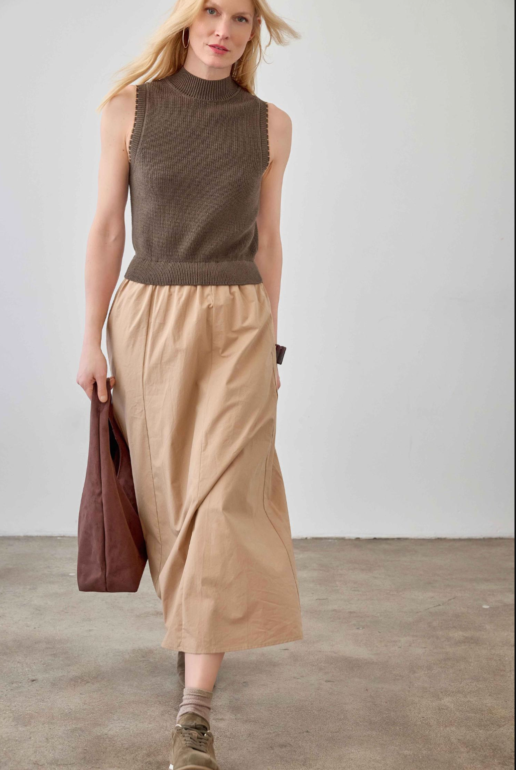 Mixed Media Mock Neck Sleeveless Midi Dress