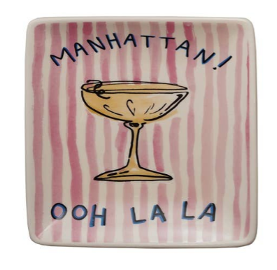 Retro Striped Colorful Square Plate Jewelry Dish Funny Martini Cocktail Rose Sayings
