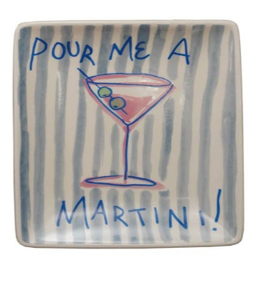 Retro Striped Colorful Square Plate Jewelry Dish Funny Martini Cocktail Rose Sayings