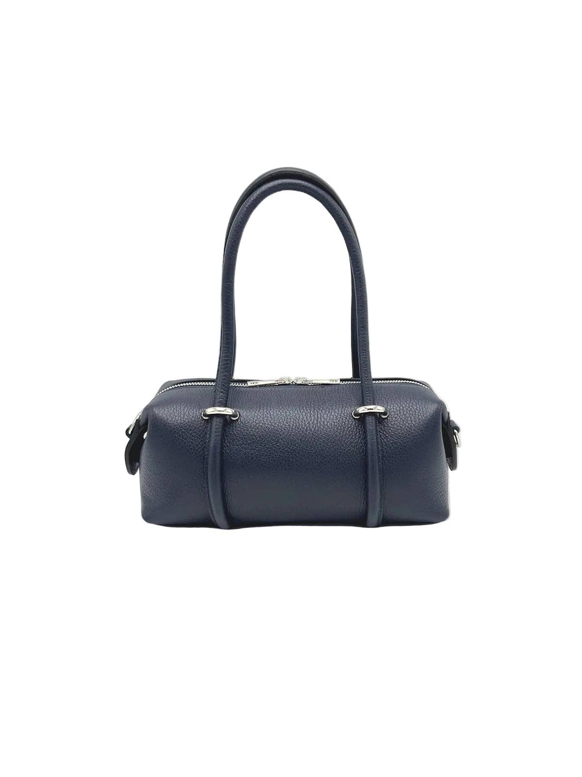 Small Genuine Italian Leather Boston Barrel Bag with Detachable Shoulder Strap