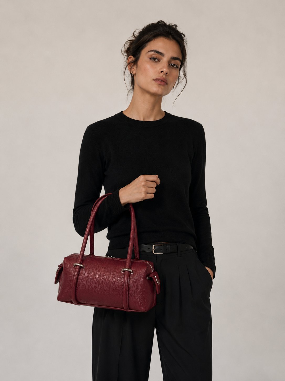 Small Genuine Italian Leather Boston Barrel Bag with Detachable Shoulder Strap