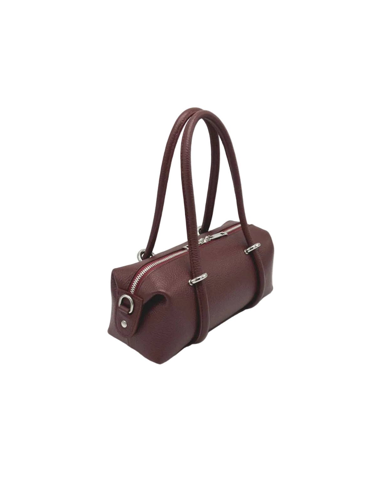 Small Genuine Italian Leather Boston Barrel Bag with Detachable Shoulder Strap