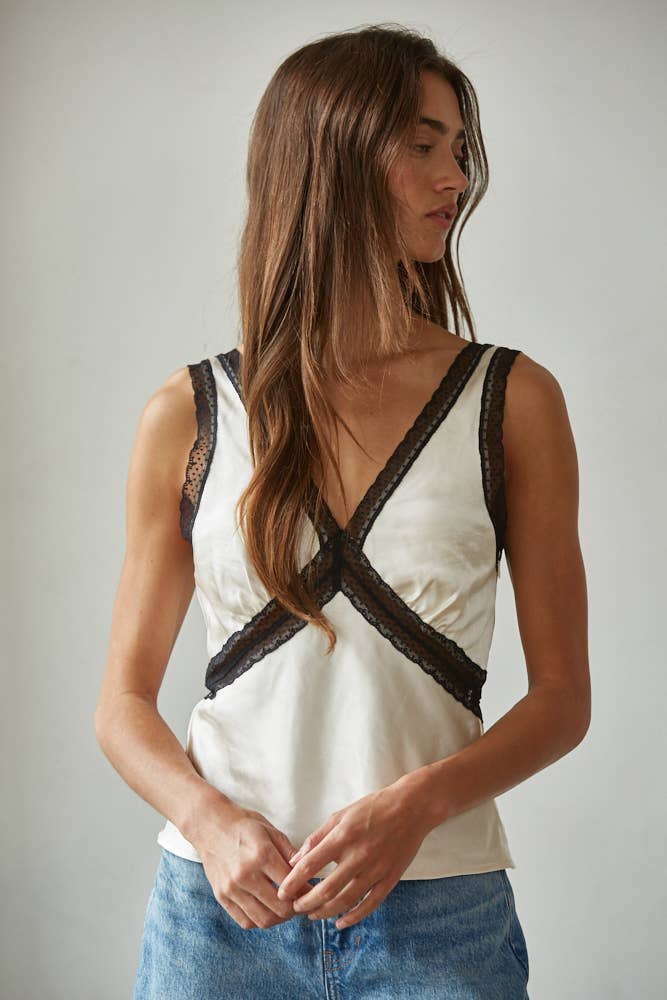 Satin Contrast Trim Lace Cami