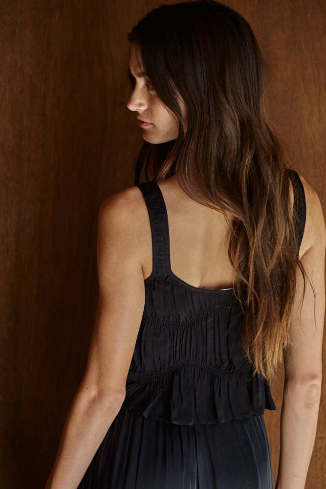 Plunge V-Neck Sleeveless Black Smocked Top