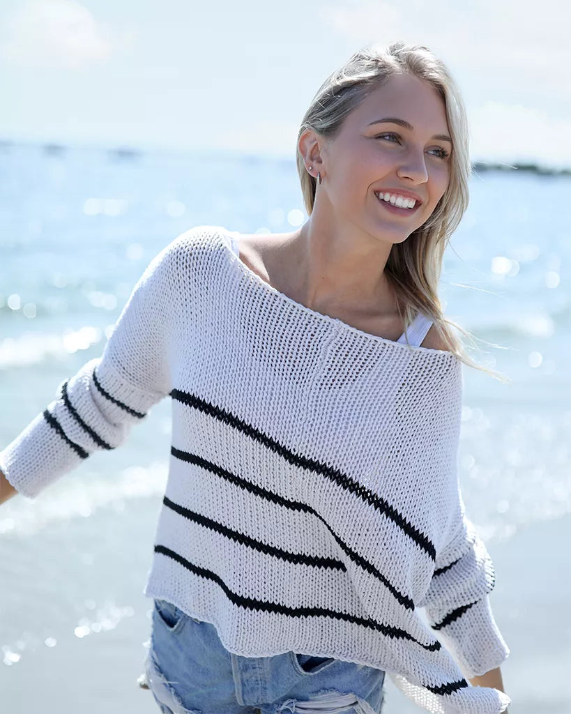 Wooden ships Key West Striped Chunky Crew Sweater in Almond Butter &amp; Black